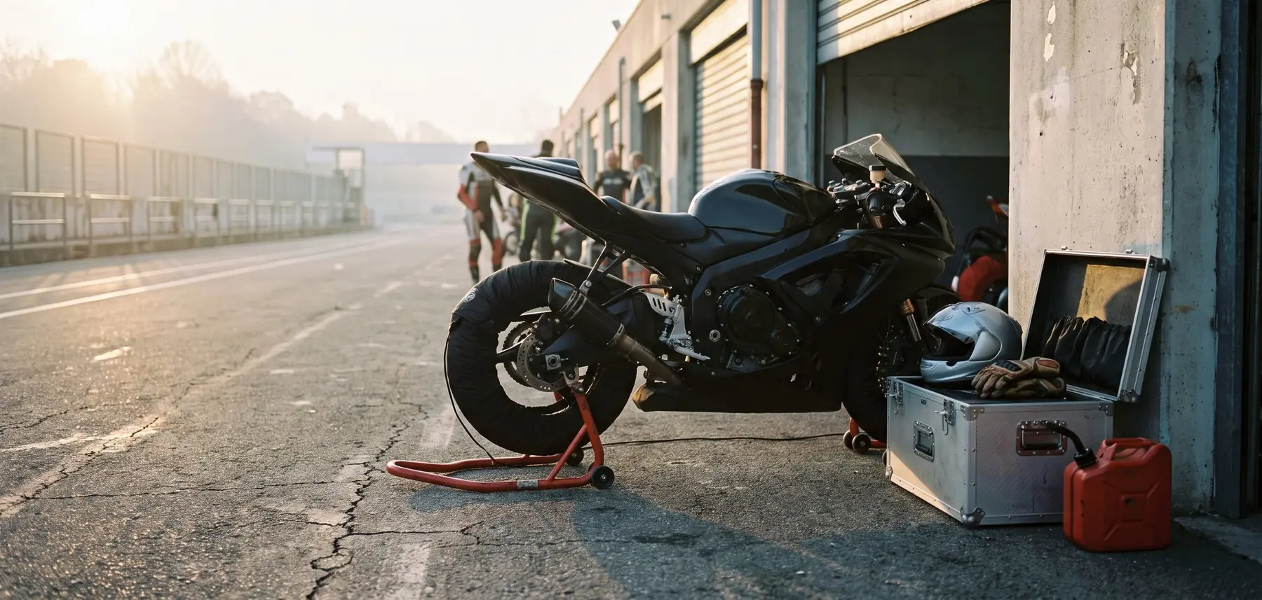 Sportmotorrad auf Montageständer mit Reifenwärmern in der Boxengasse am frühen Morgen